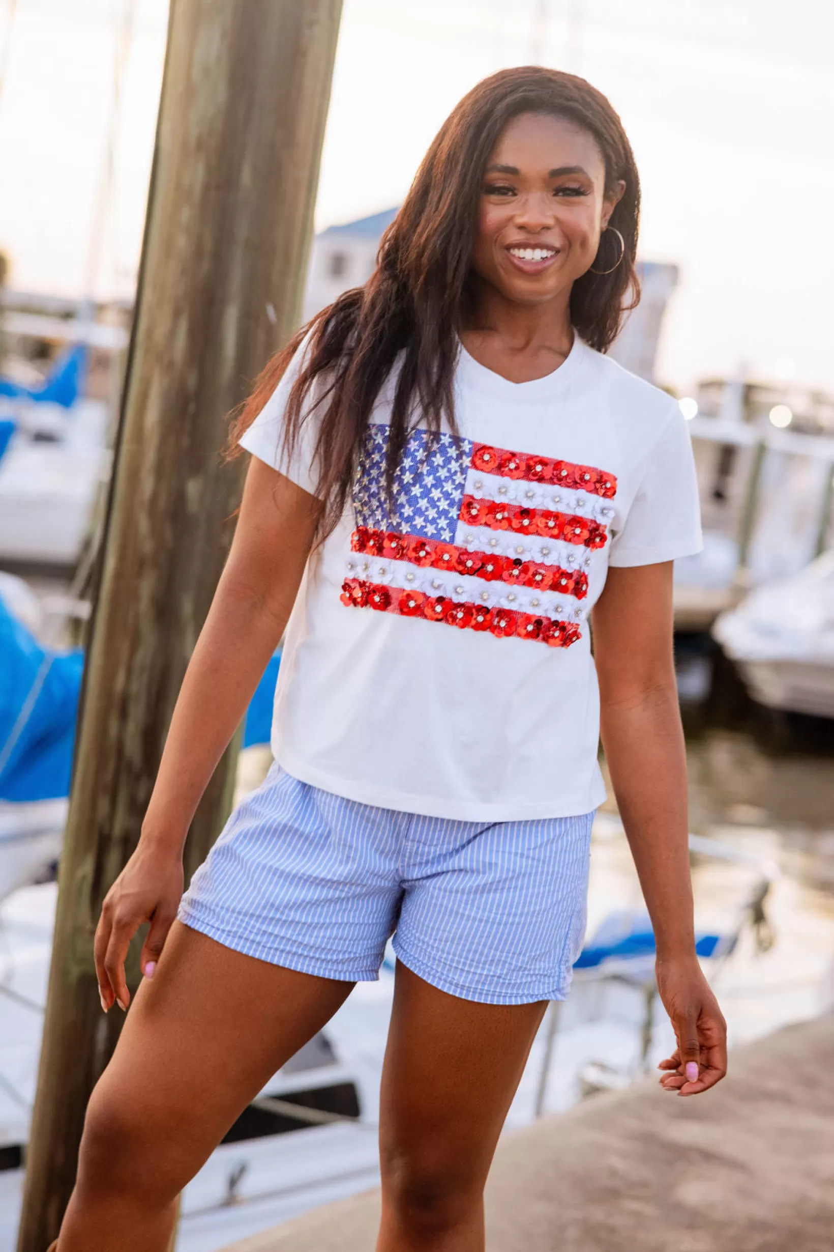 Clearance Queen of Sparkles Flower American Flag Tee White