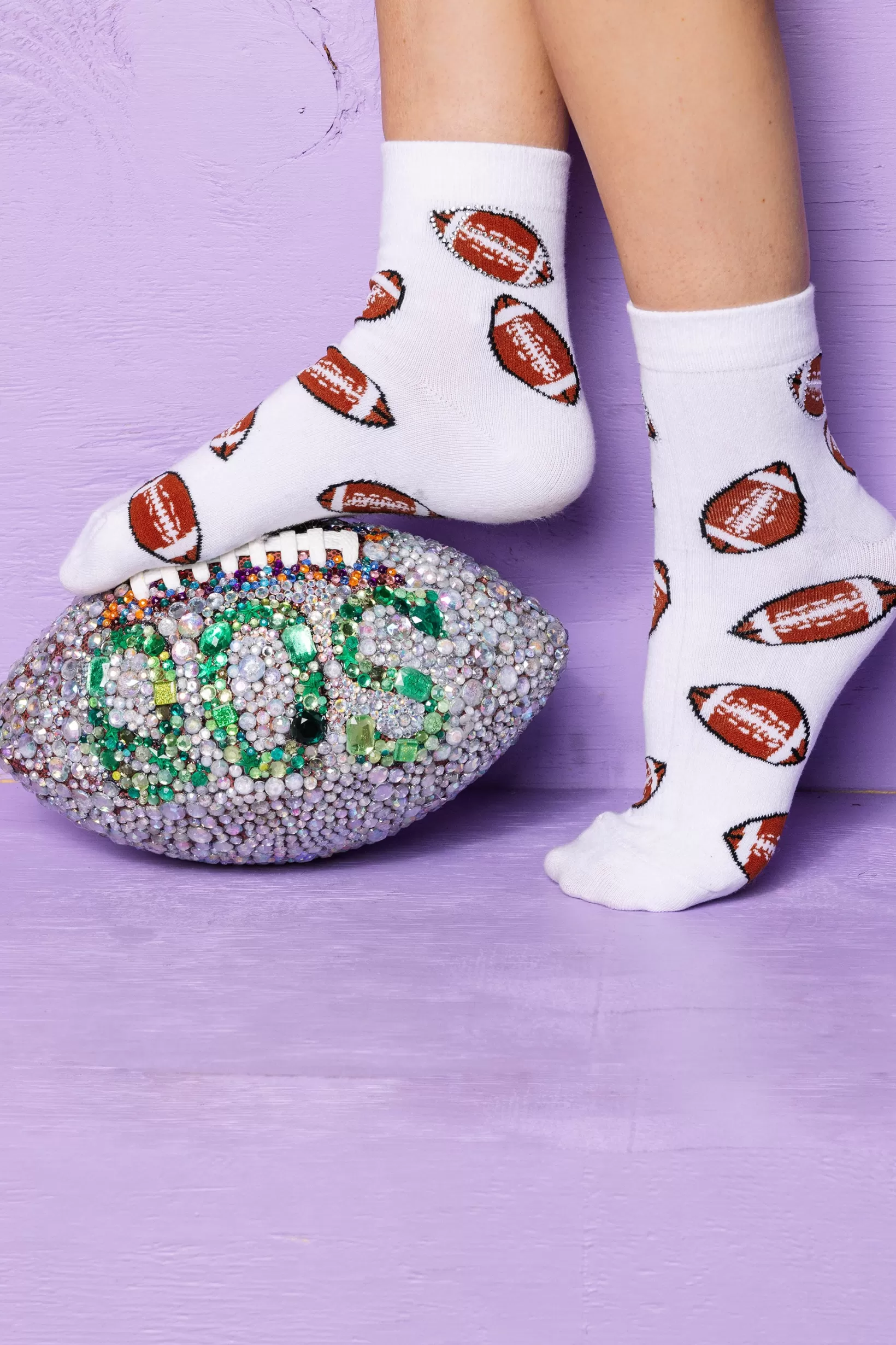 Best Queen of Sparkles Football Rhinestone Socks White