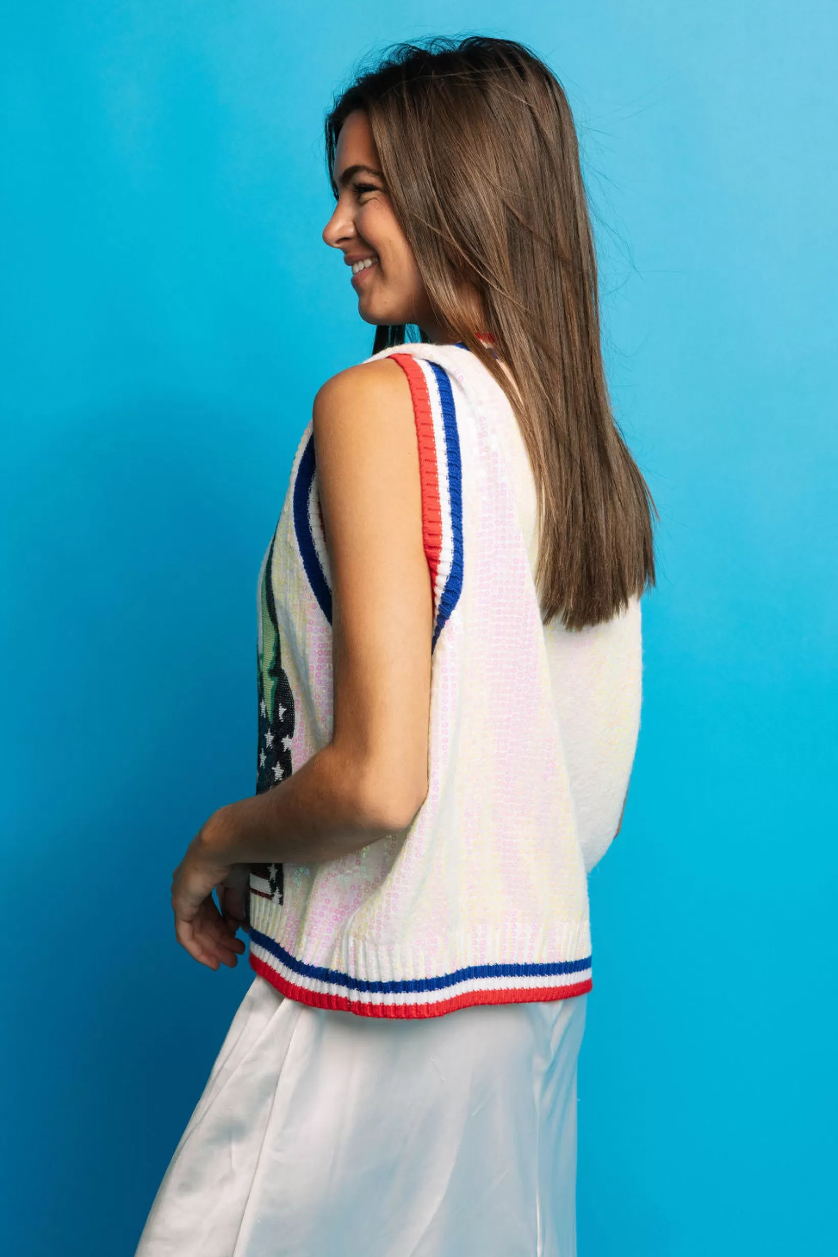 New Queen of Sparkles Full Sequin Statue of Liberty Button Up Sweater Vest White