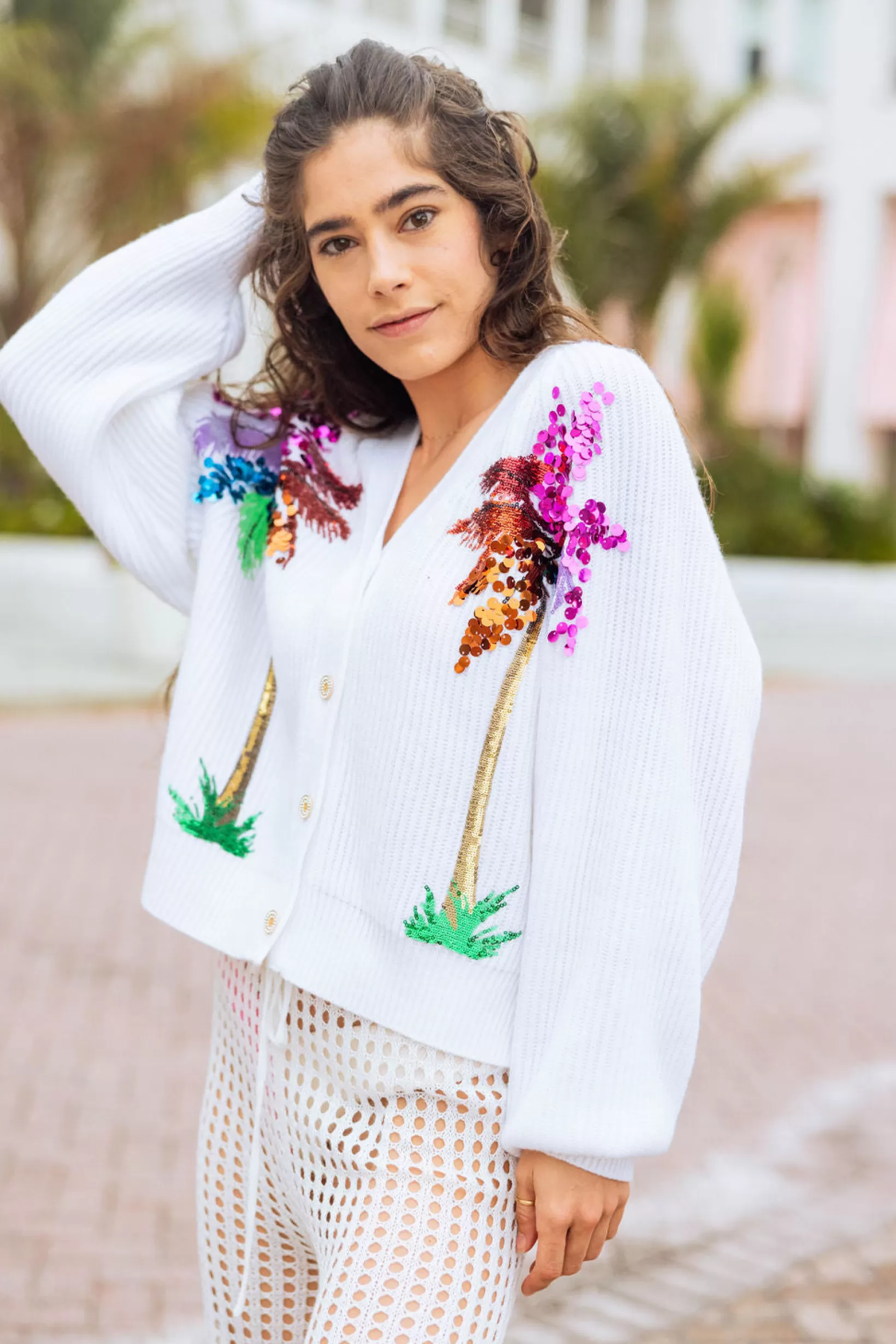 Store Queen of Sparkles Multi Palm Tree Cardigan White