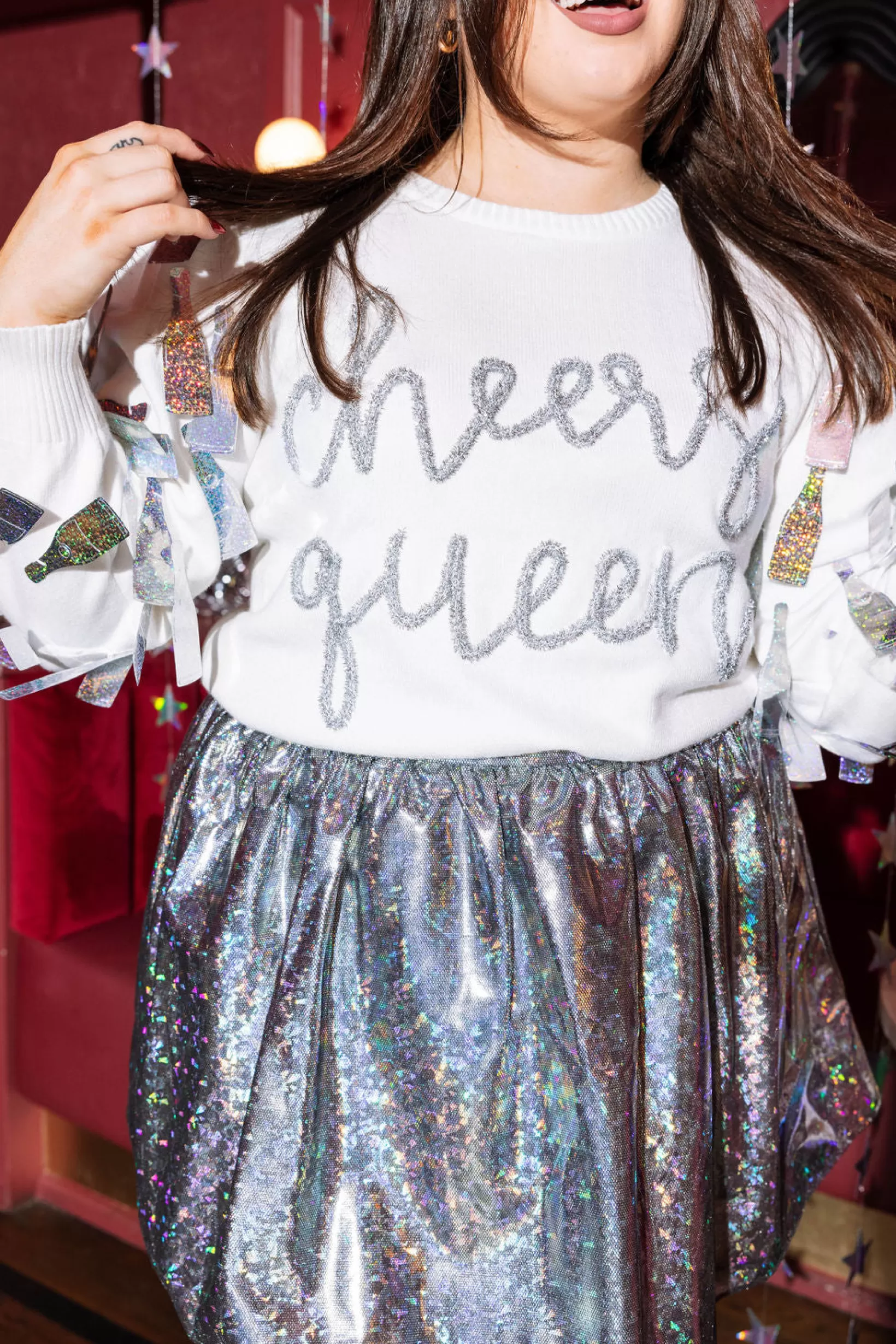 Cheap Queen of Sparkles White Paillette Cheers Queen Sweater