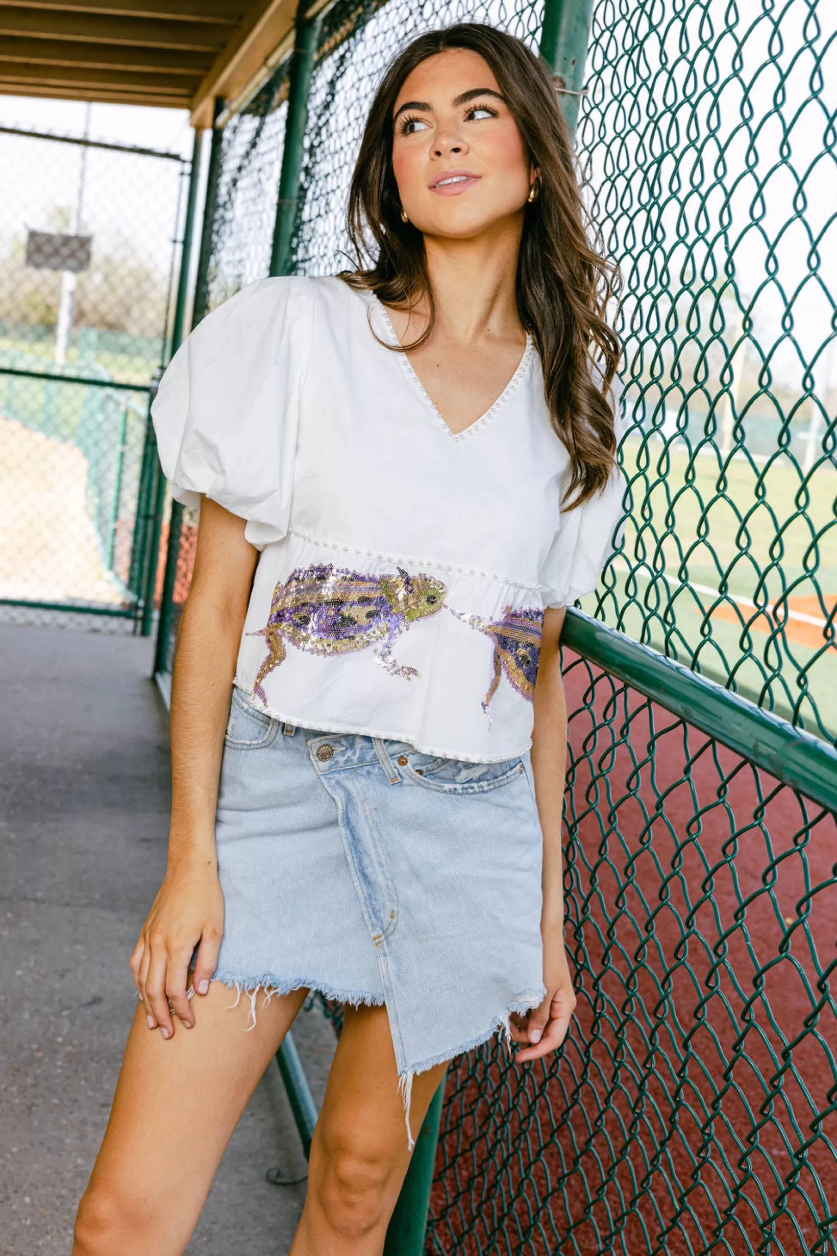 Shop Queen of Sparkles White Peplum Poof Sleeve Top with Horned Frogs - Licensed