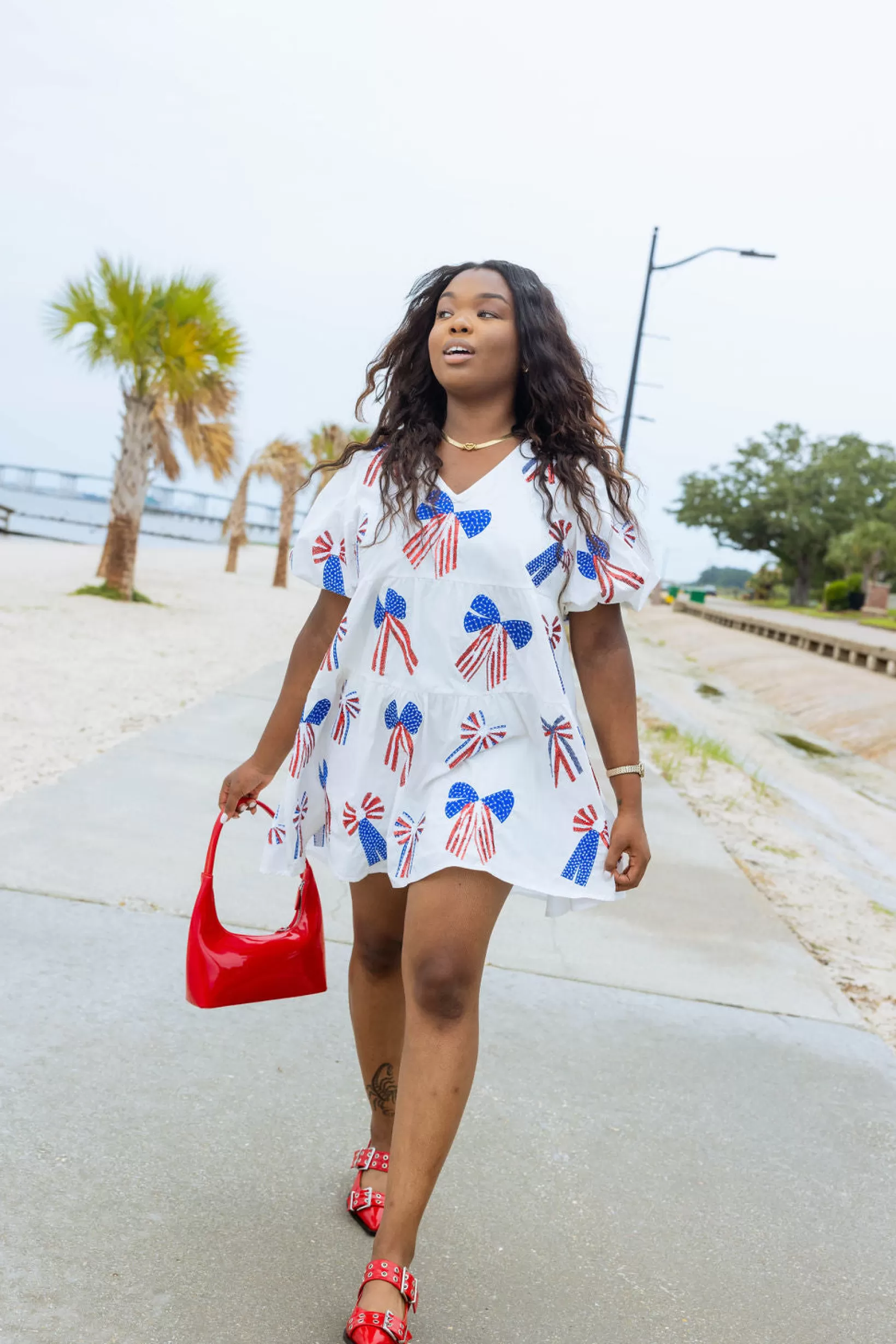 Best Queen of Sparkles Red, & Blue Bow Dress White