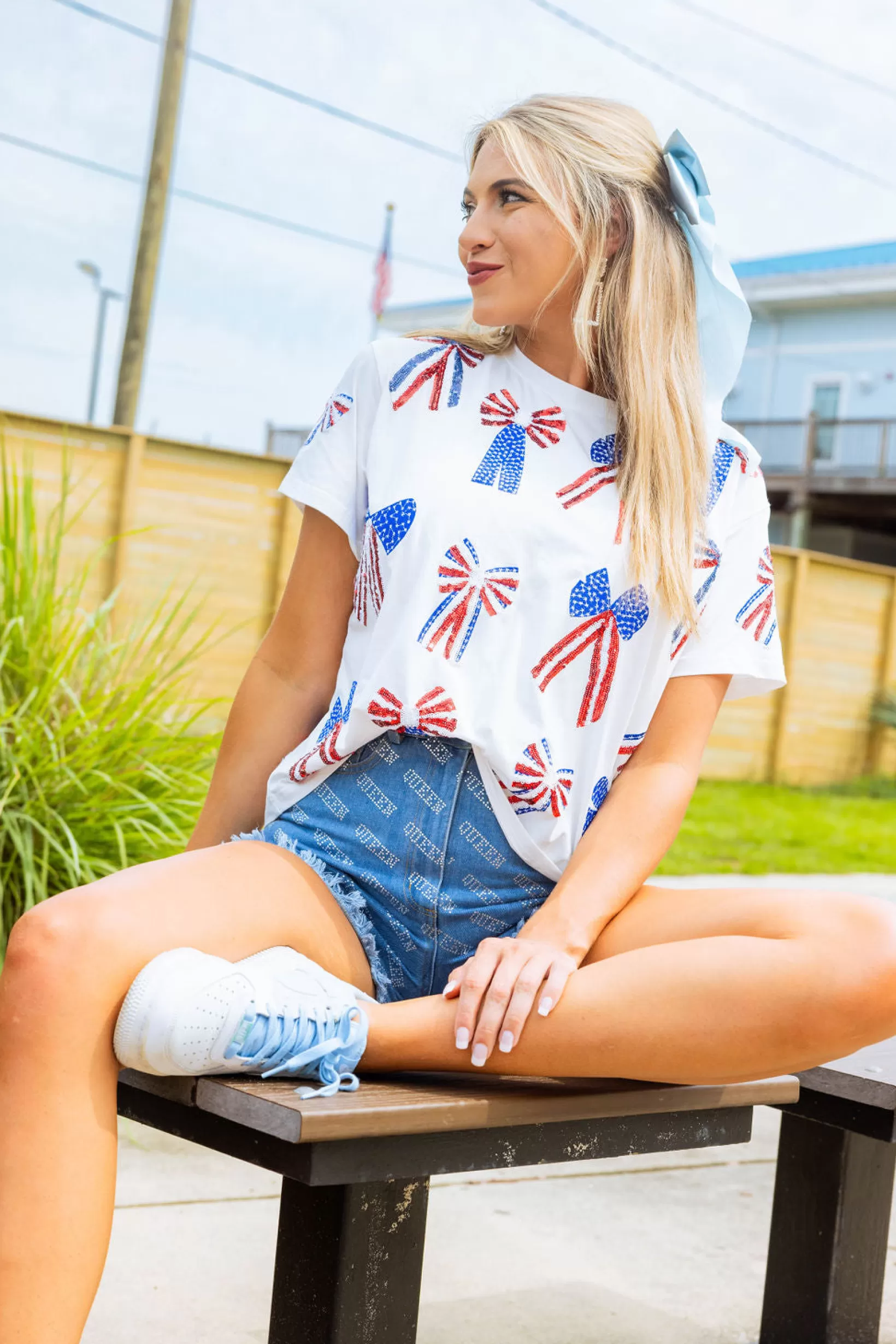 Cheap Queen of Sparkles , Red, & Blue Scattered Bow Tee White