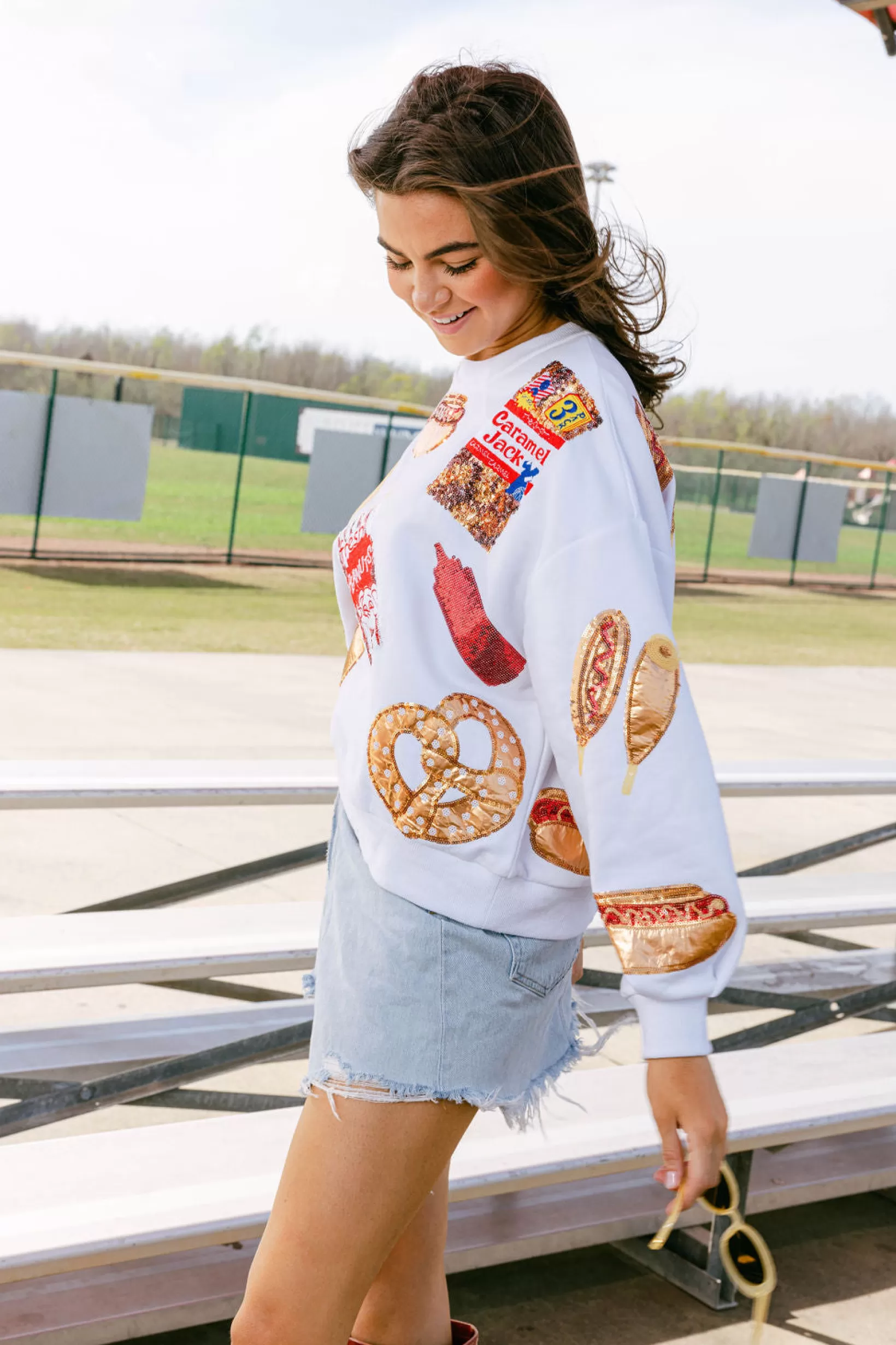 Outlet Queen of Sparkles Scattered Ballpark Food Sweatshirt White