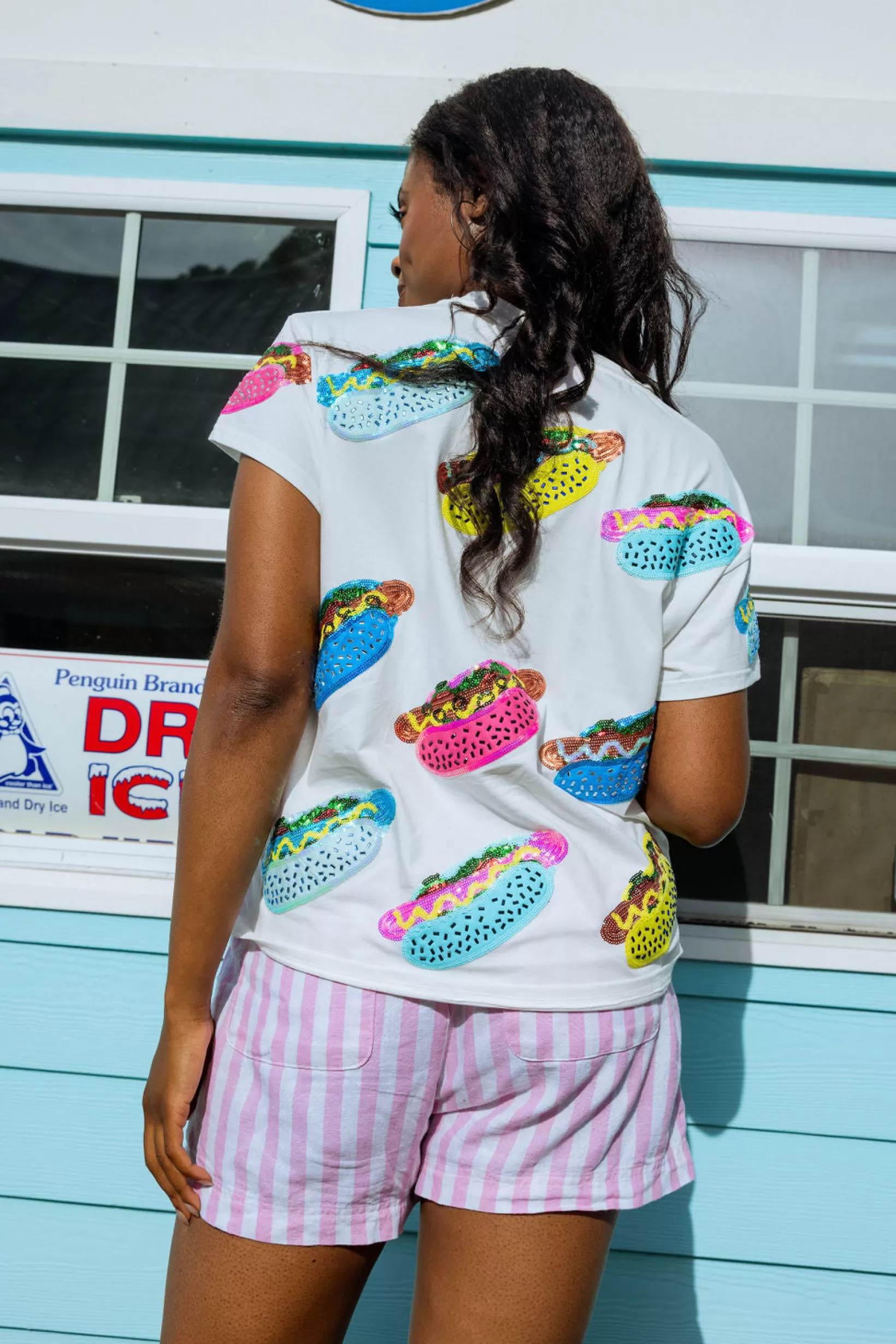 Store Queen of Sparkles Scattered Multi Color Hot Dog Tee White