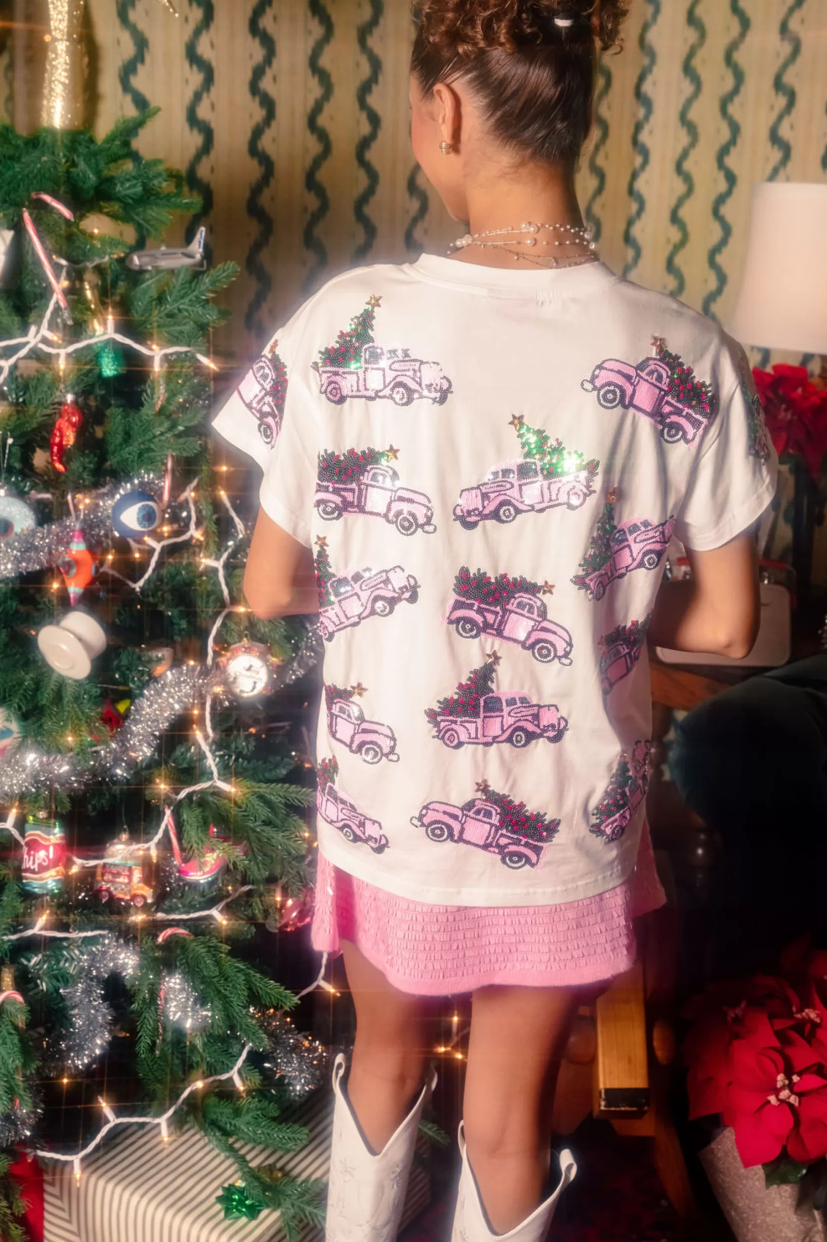 Online Queen of Sparkles Trucks With Christmas Trees Tee White